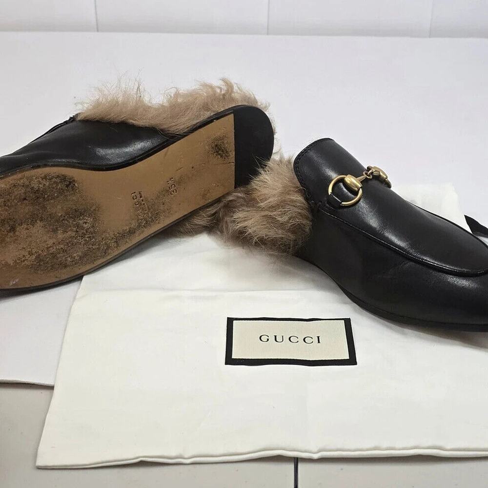 Gucci Black Princetown Leather Shoes Fur Loafer Slides Mules 5.5 US 35.5 EU - Picture 3 of 4